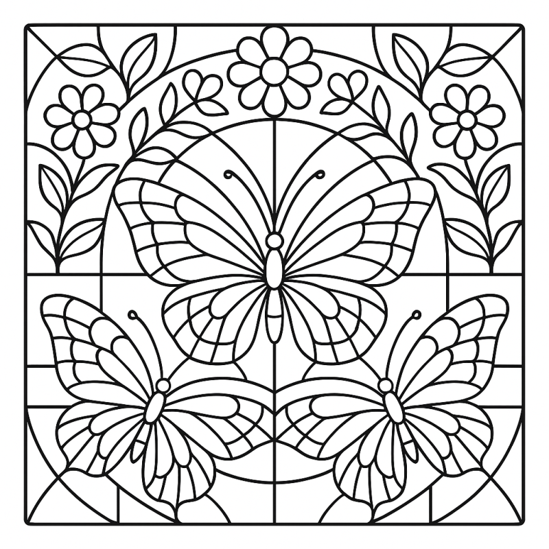 Desenho de borboletas em mosaico vitral para colorir com flores ao redor