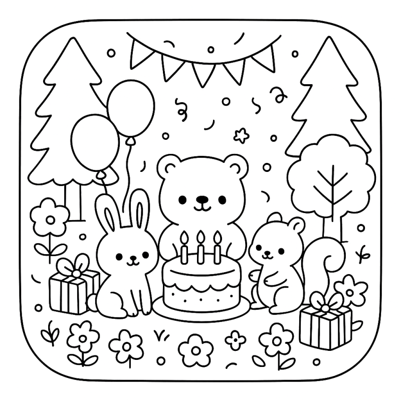 Desenho de Festa no Bosque: Urso e Amigos para Colorir Desenho de festa no bosque com urso, bolo e presentes para colorir