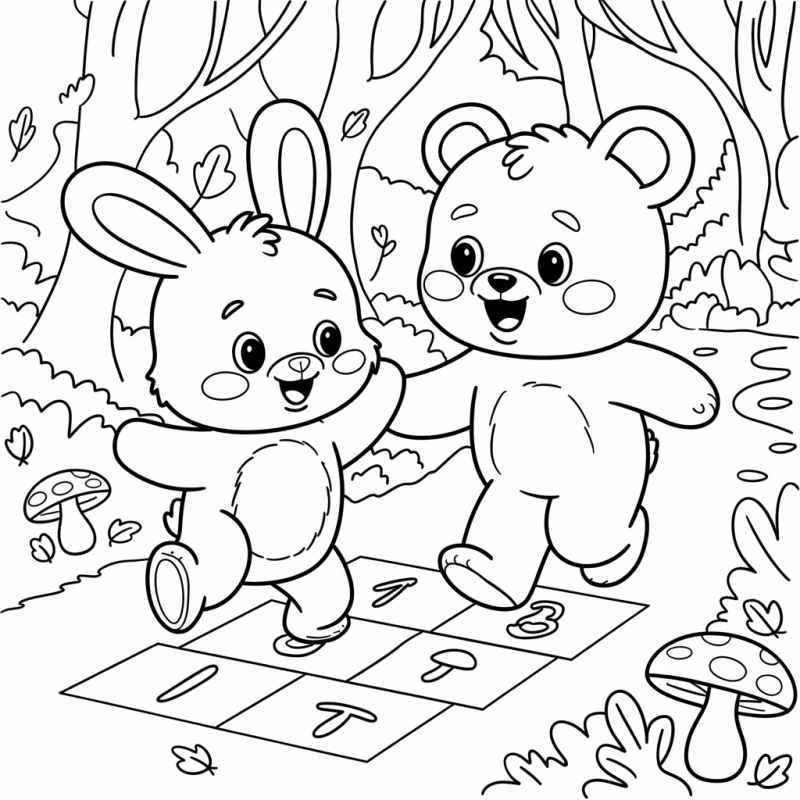 Coelho e urso brincando na floresta para colorir