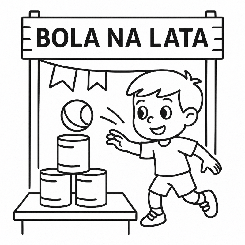 Desenho de um menino jogando bola na lata em uma festa junina para colorir