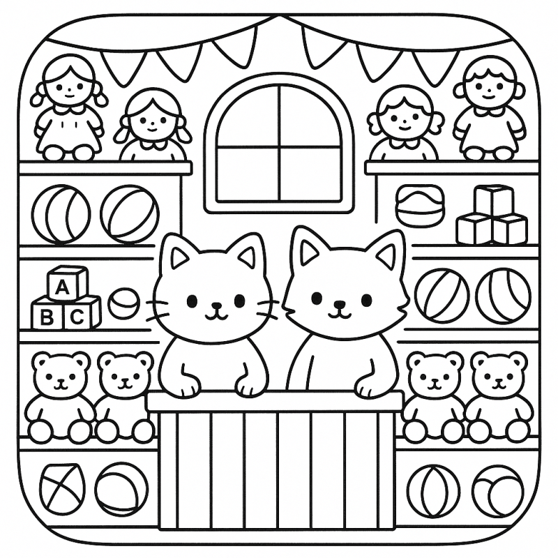 Divirta-se Colorindo uma Loja de Brinquedos com Gatos Desenho de uma loja de brinquedos com dois gatos adoráveis e prateleiras cheias de brinquedos no estilo boobie goods.