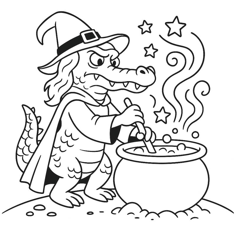 Desenho da Cuca, jacaré bruxo do folclore brasileiro, para colorir com magia
