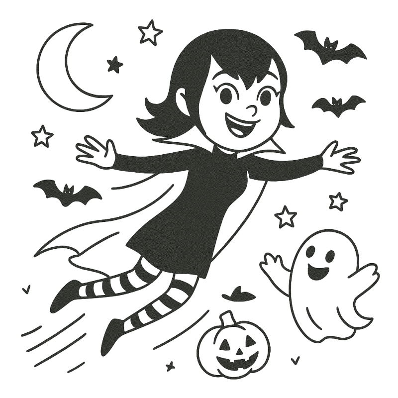 Cena Alegre de Halloween com Bruxa Voadora Cena animada de Halloween com uma jovem bruxa voando, cercada por fantasmas, abóbora e morcegos, pronta para colorir