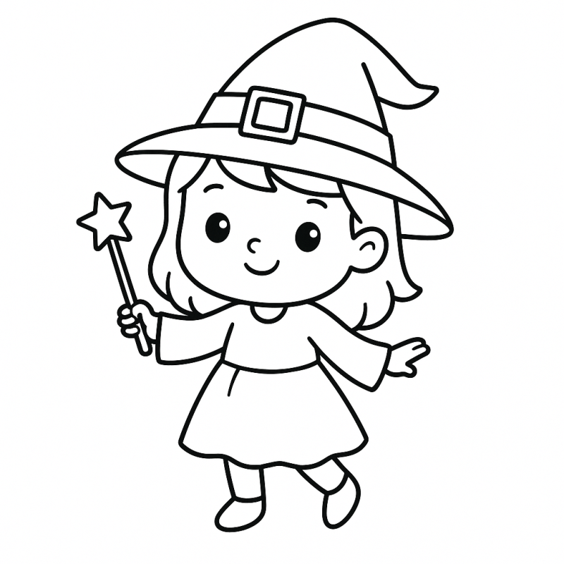 Desenho de uma bruxinha sorridente ideal para colorir, perfeito para crianças pequenas.