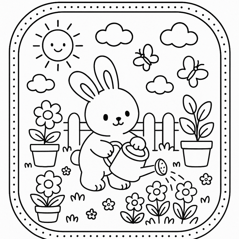 Desenhe e Divirta-se com o Coelhinho no Jardim Cena de um coelhinho alegre em um jardim para colorir, estilo Boobie Goods
