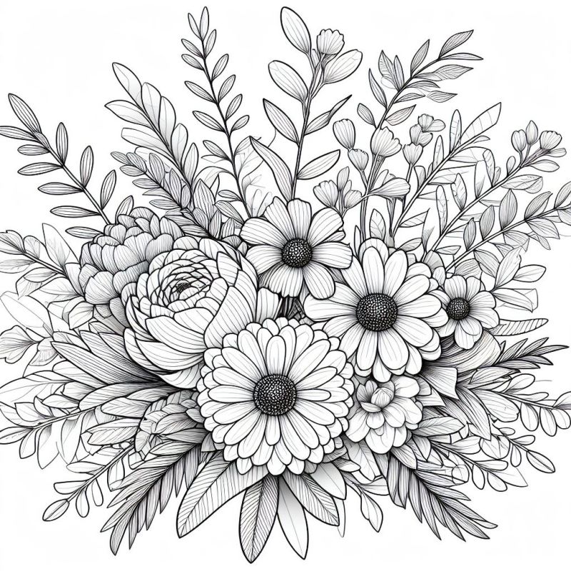 Buquê detalhado de flores para colorir, incluindo rosas e margaridas