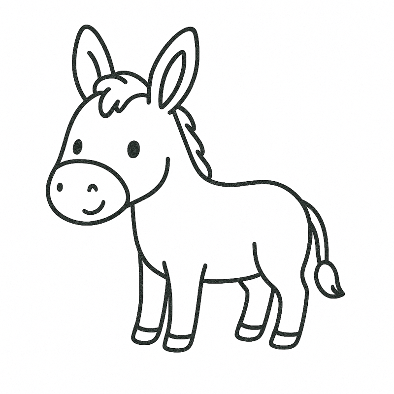 Desenho de burro fofinho de perfil para colorir, ideal para crianças