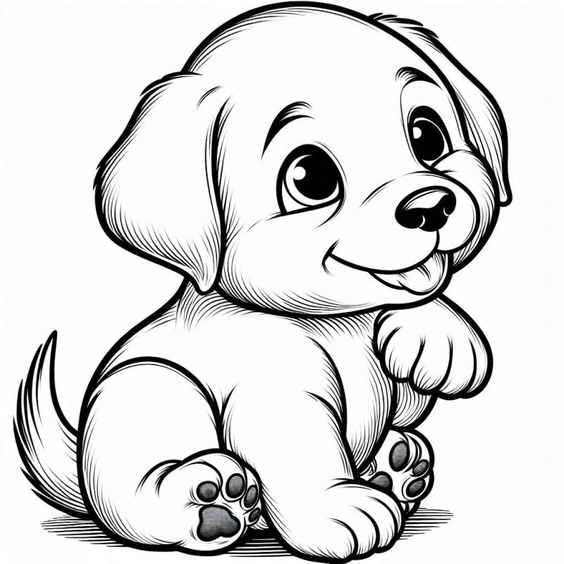 Adorável filhote de cachorro feliz para colorir, sentado com uma expressão amigável e brincalhona.