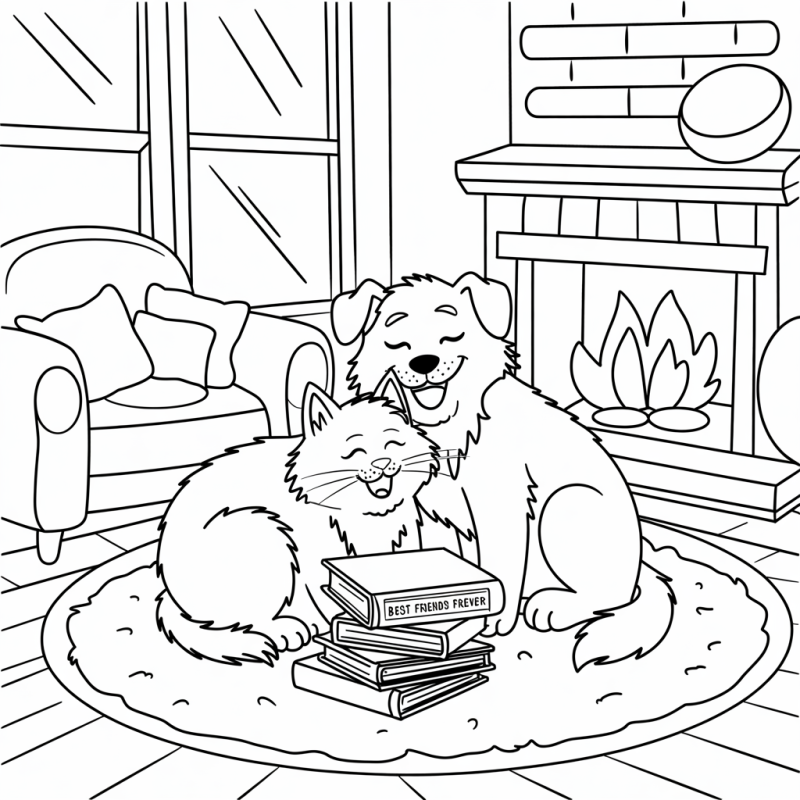 Desenho para colorir de um cachorro e gato em tapete em frente à lareira