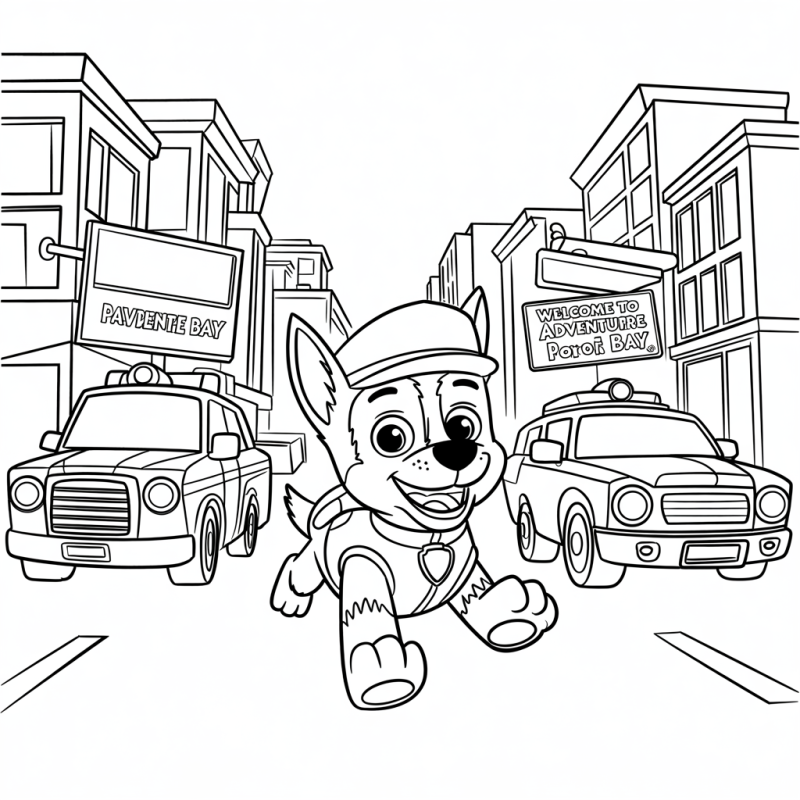 Desenho do cachorro Chase em missão na cidade