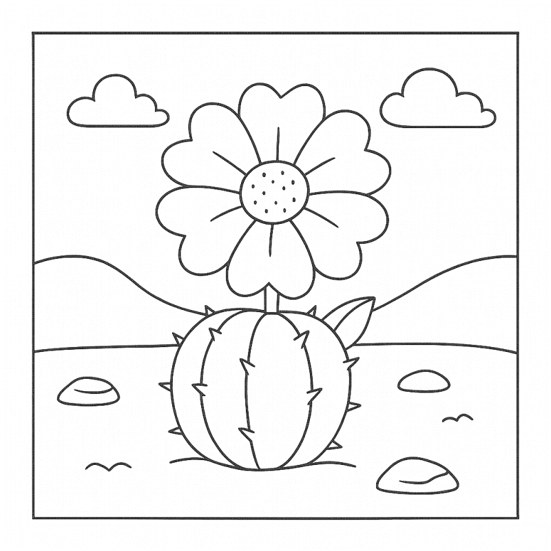 Desenho de cacto arredondado com flor no topo para colorir