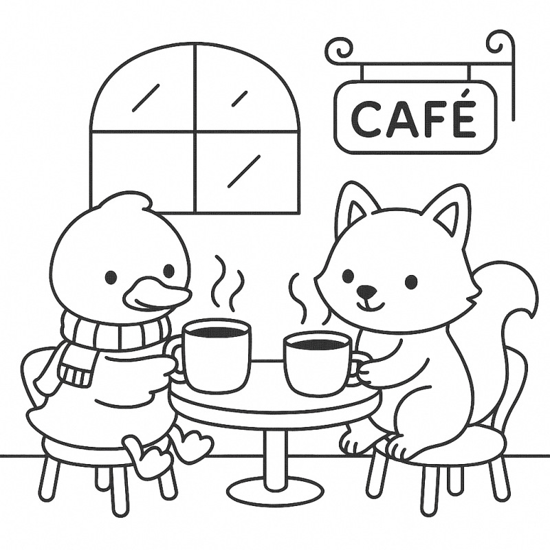 Desenho de Cozy Friends em um café com pato e raposa para colorir