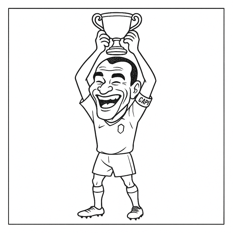 Cafú segurando um troféu com um sorriso vitorioso, pronto para colorir