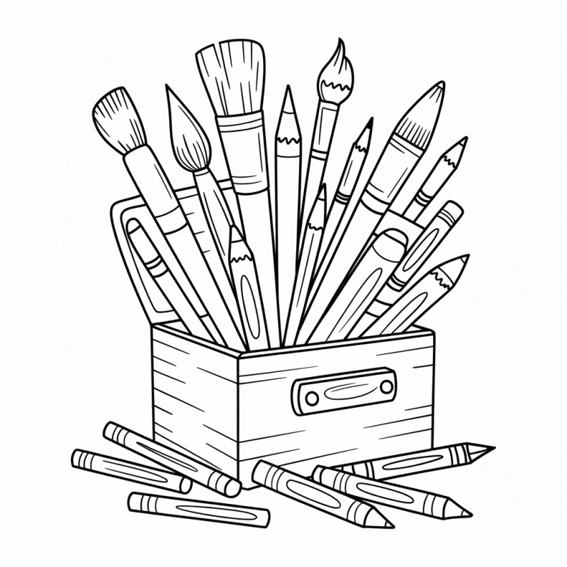 Desenho de uma caixa de arte com pincéis e lápis para colorir