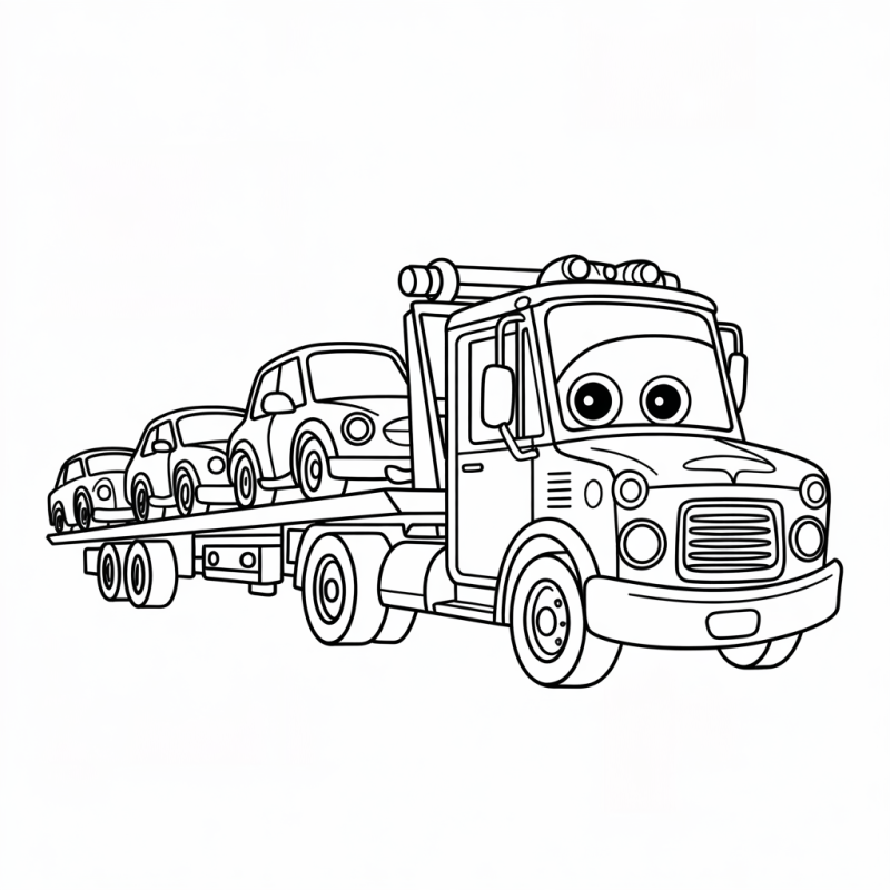 Desenho em preto e branco de um caminhão estilizado transportando carros para colorir