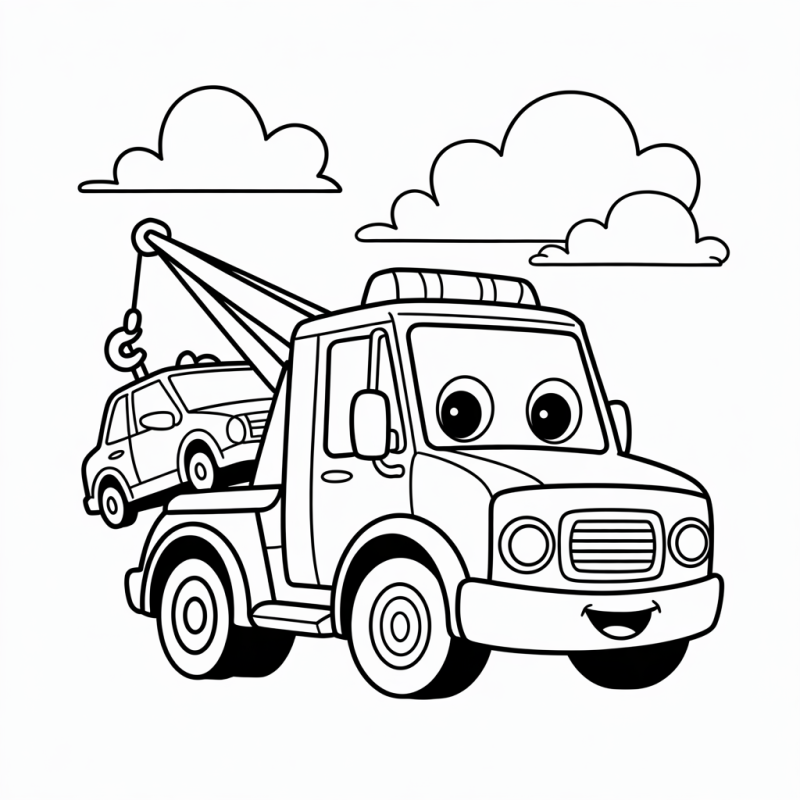 Desenho de caminhão guincho animado com carro sobre nuvens para imprimir e colorir