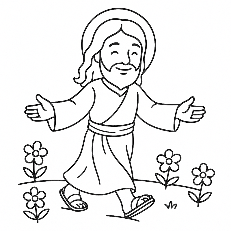 Desenho de Jesus sorridente caminhando em cenário com flores para colorir