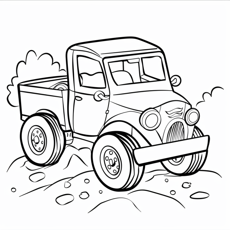 Desenho de uma caminhonete antiga em um cenário off-road para colorir