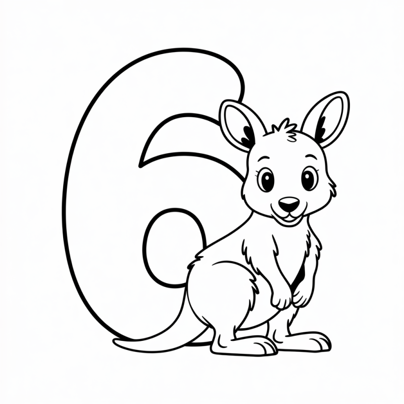 Desenho de um canguru amigável na frente do número seis para colorir