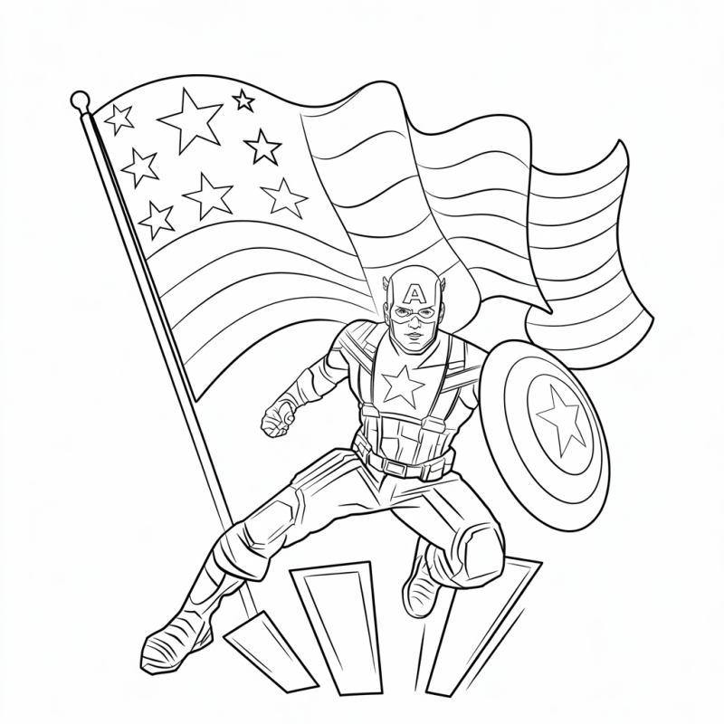 Desenho para colorir do Capitão América com escudo em pose dinâmica