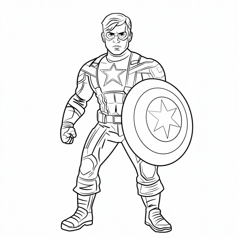 Desenho para colorir do Capitão América em pose heroica com escudo