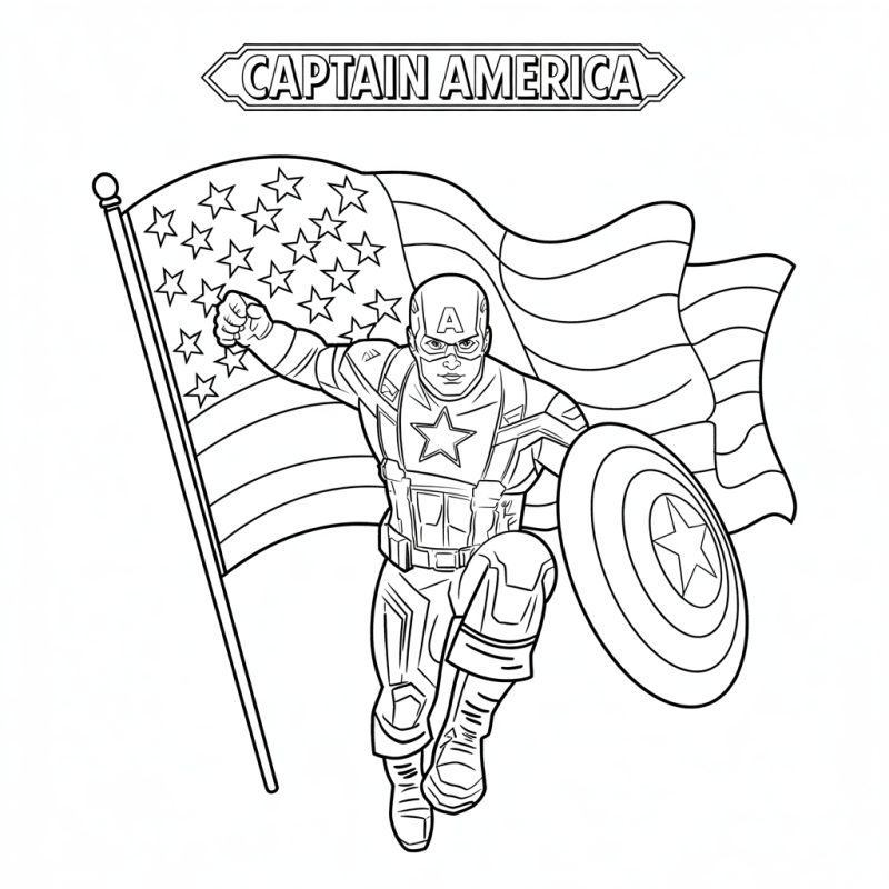 Desenho do Capitão América em ação com escudo e bandeira