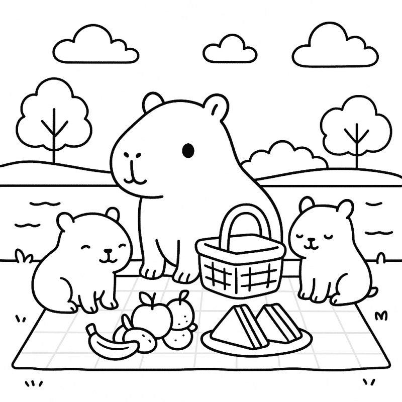 Encantadora Cena de Piquenique com Capivaras para Colorir