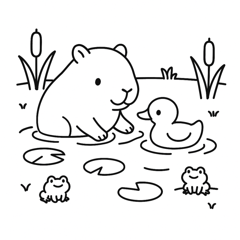 Desenho de Capivara na Lagoa com Pato