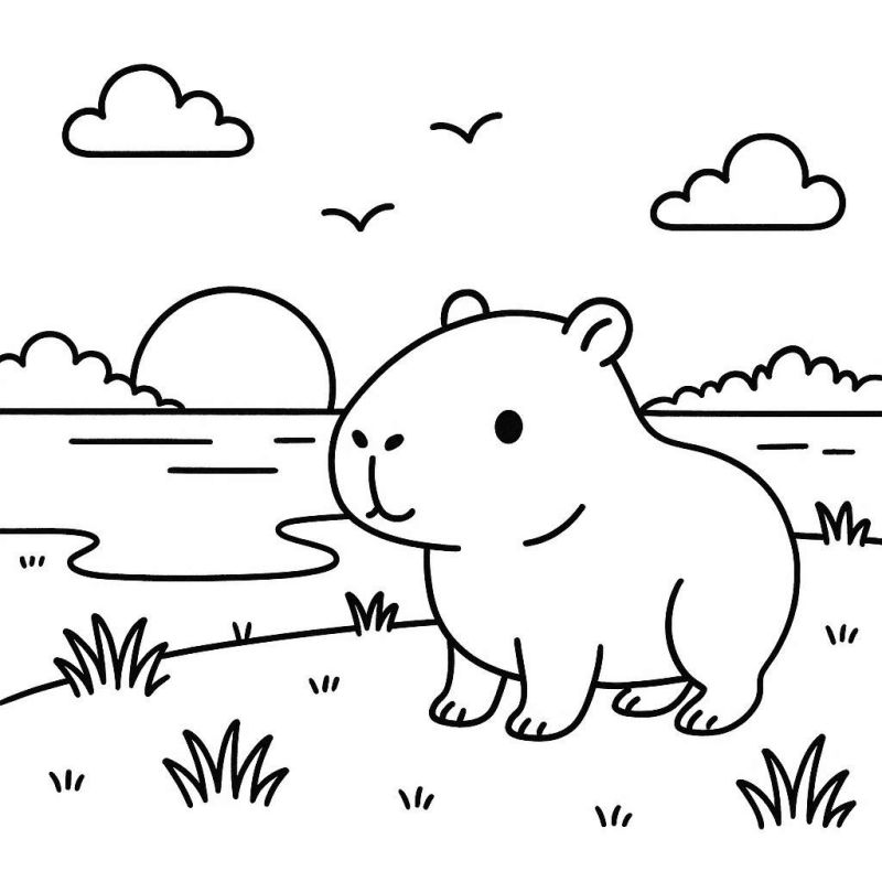Desenho de Capivara em Seu Habitat para Colorir