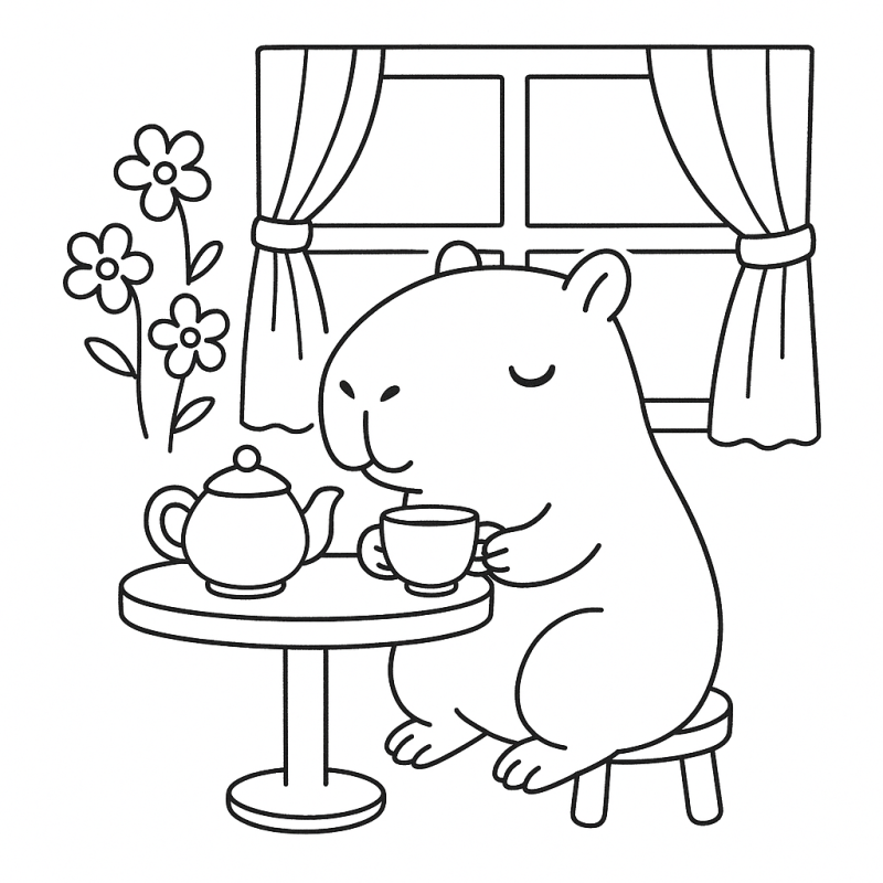 Desenho de Capivara Relaxada Apreciando Chá ou Café