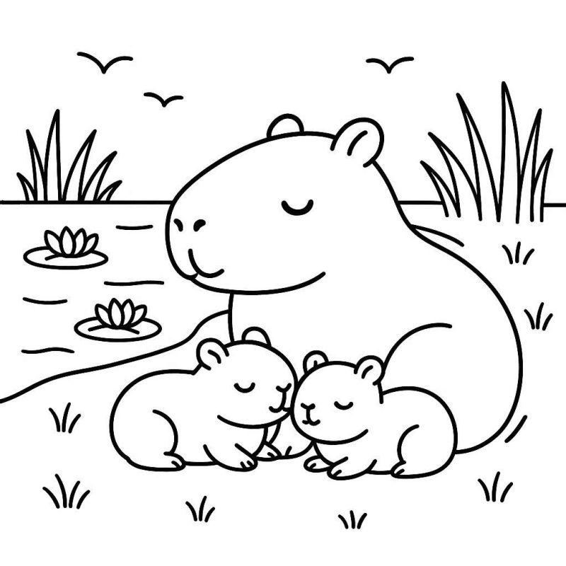 Desenho de Capivaras Repousando para Colorir