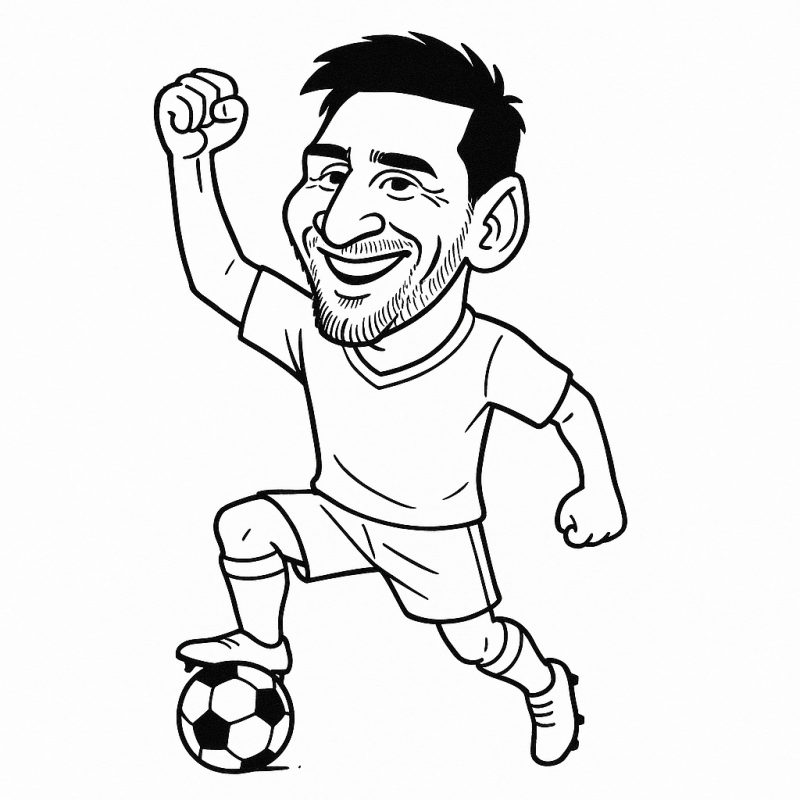 Caricatura de Lionel Messi celebrando com bola de futebol