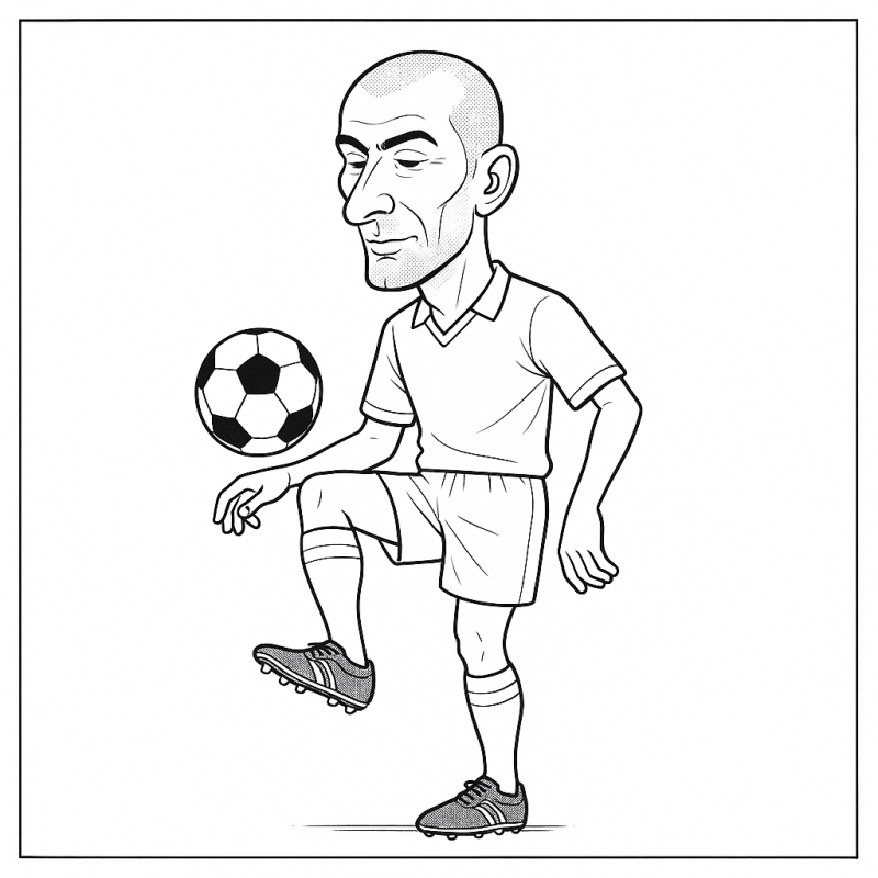 Desenho de Zidane em caricatura equilibrando uma bola no joelho
