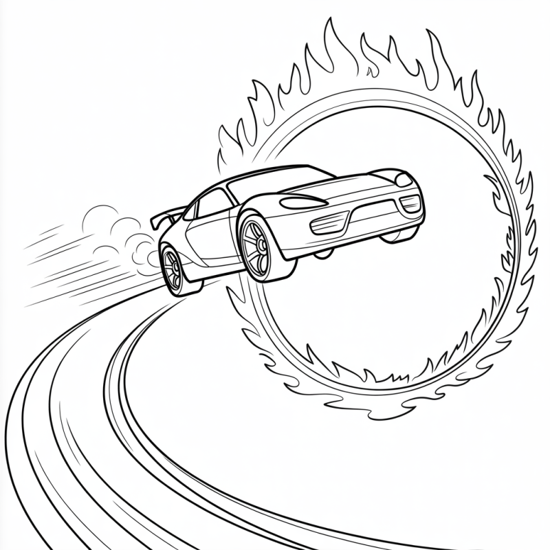 Desenho Hot Wheels realizando salto através de anel de fogo