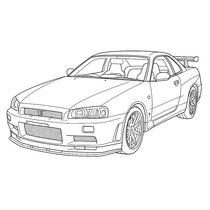 Desenho do Nissan Skyline GT-R R34 de frente a três quartos para colorir