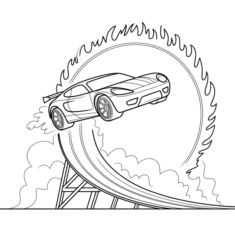 Desenho de carro Hot Wheels saltando por anel de fogo para colorir