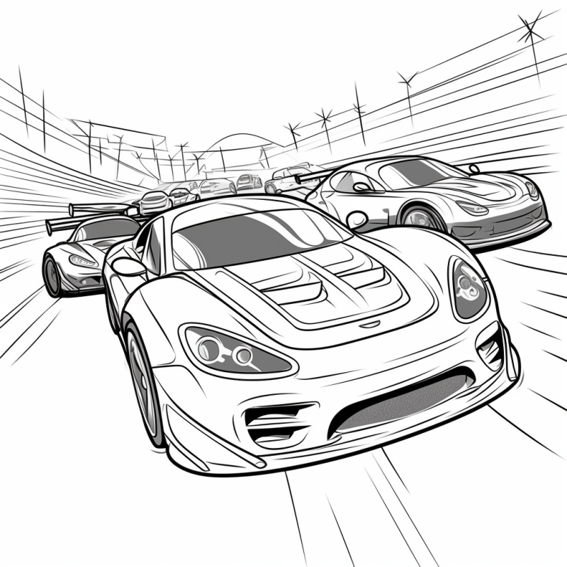 Um desenho preto e branco de um carro de corrida com muitos carros