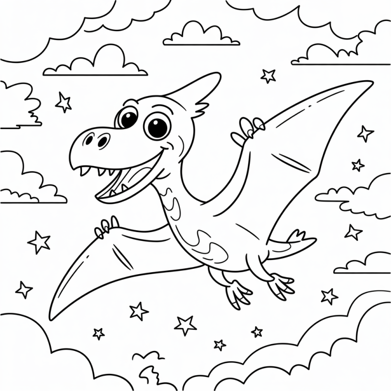 Desenho de um pterodáctilo em estilo cartoon voando alegremente com um sorriso