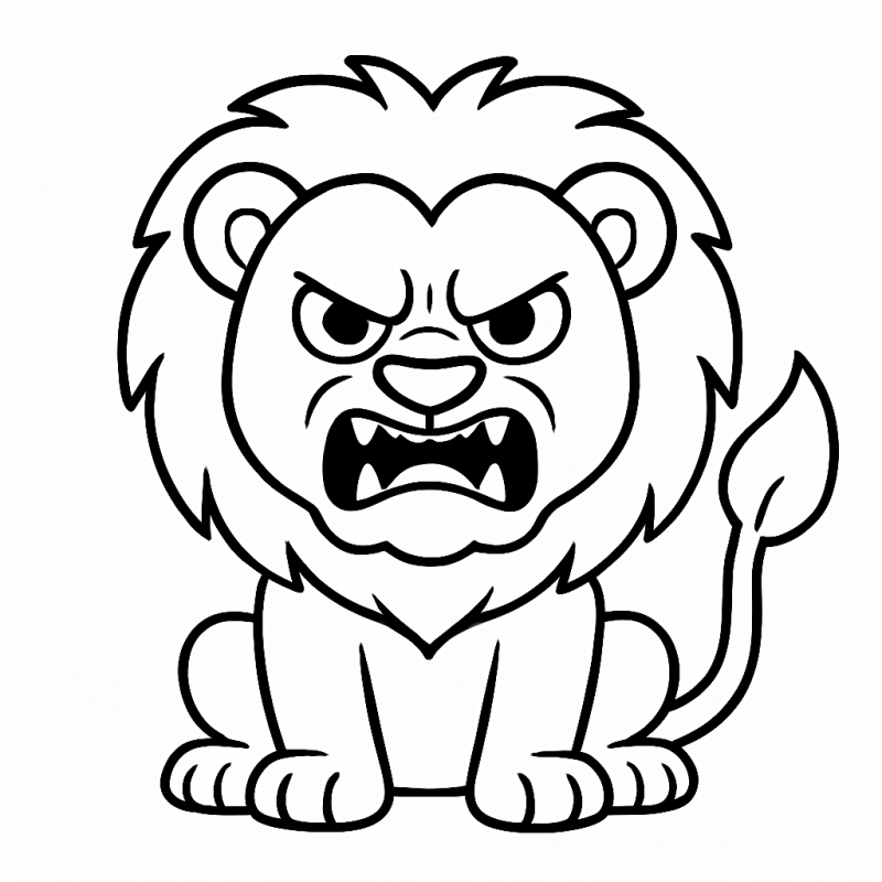 Desenho de leão em estilo cartoon para colorir, ideal para crianças pequenas.