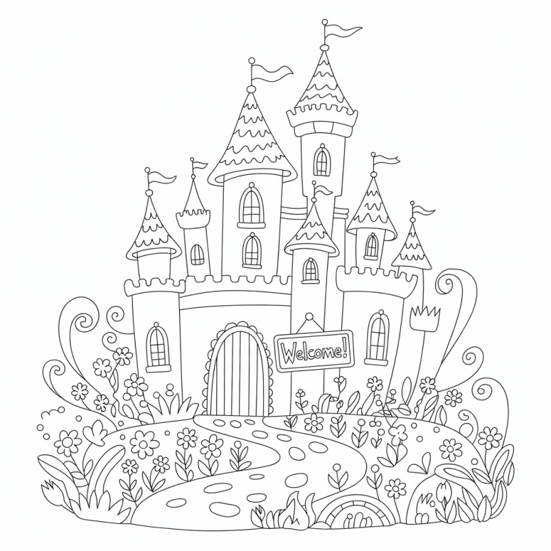 Desenho detalhado de castelo de contos de fadas para colorir