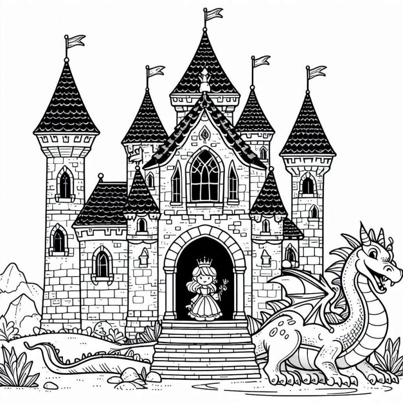 Castelo Medieval com Princesa e Dragão para Colorir