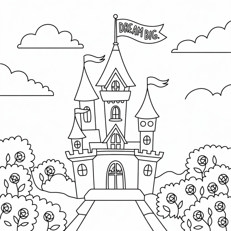 Castelo estilizado Dream Big com torres e bandeiras para colorir