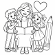 Professora com livro e duas crianças em desenho para colorir