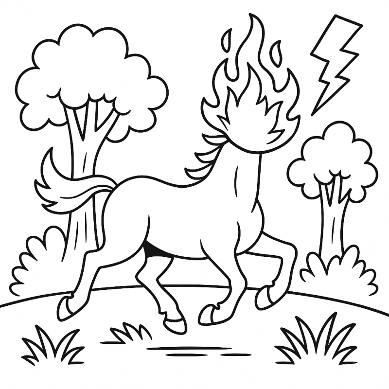 Desenho para colorir da Mula sem Cabeça, cavalo sem cabeça galopando com chama, relâmpago ao fundo.