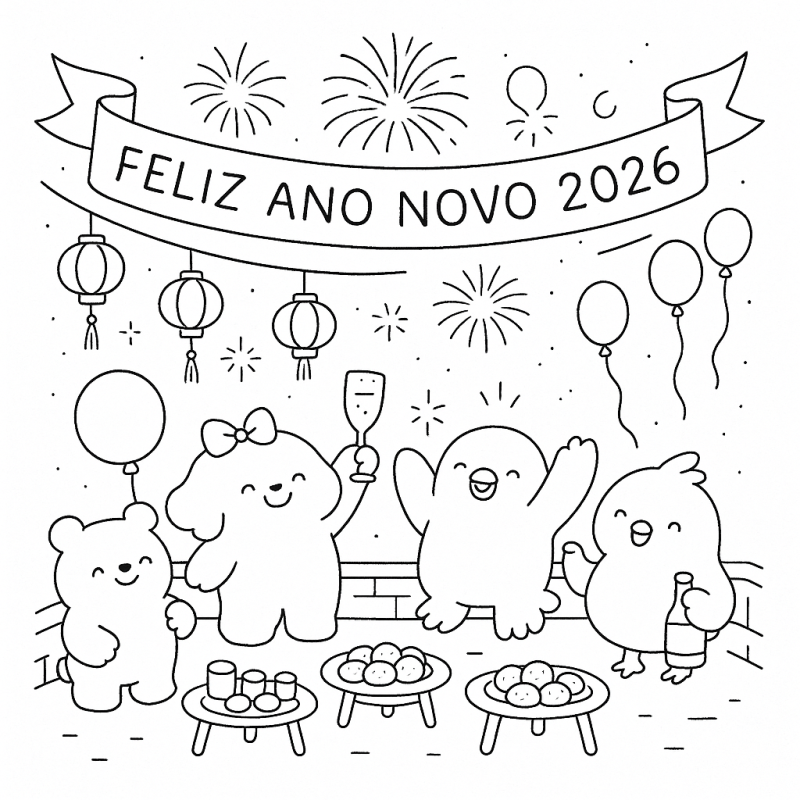 Desenho Encantador de Ano Novo 2026: Animais em Festa