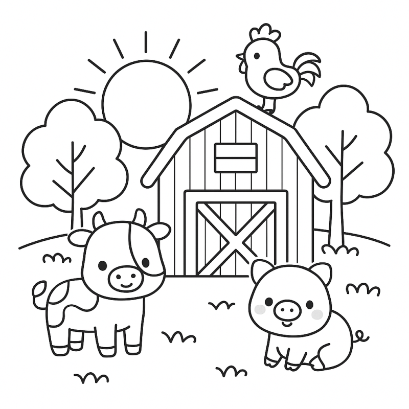 Desenho de Celeiro com Animais para Colorir