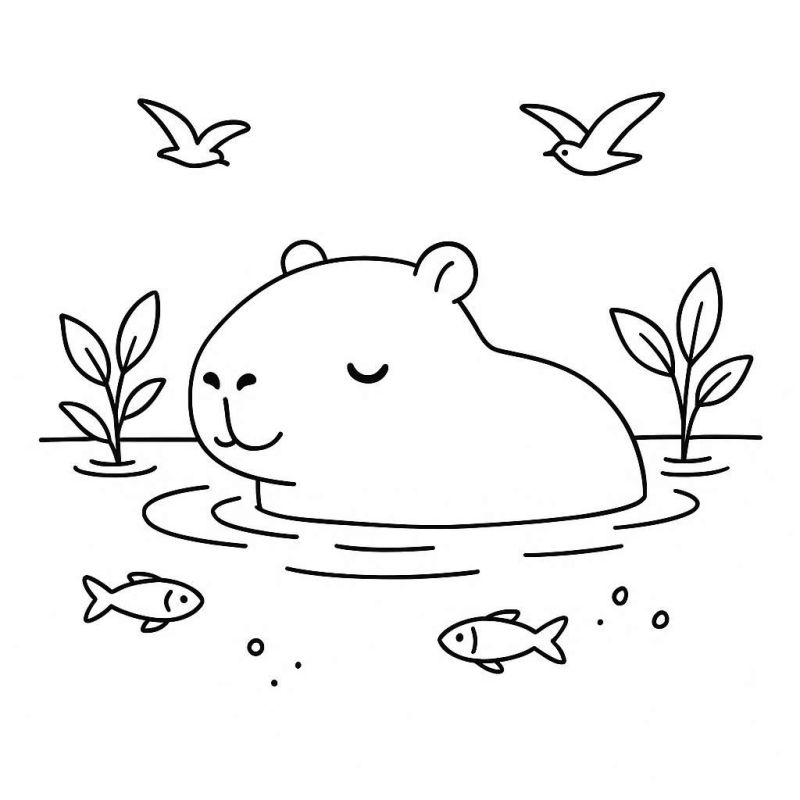 Desenho de Capivara Sereno em Habitat Aquático
