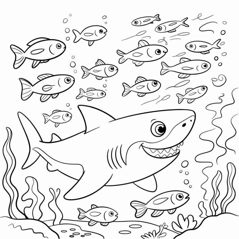 Desenho de cena subaquática com tubarão sorridente e peixes para colorir