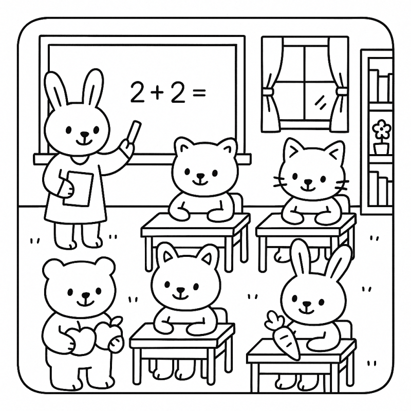 Cena de sala de aula com animais estilo Boobie Goods