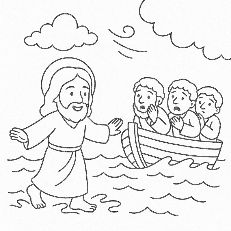 Desenho para colorir de Jesus andando sobre as águas com barco e pessoas surpresas